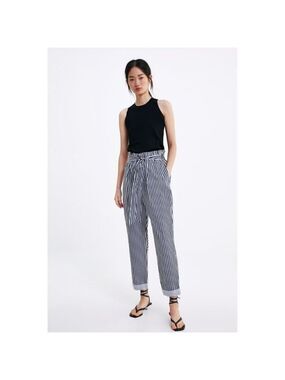 Zara | Paperbag Tie-Waist Pants in Blue Stripe